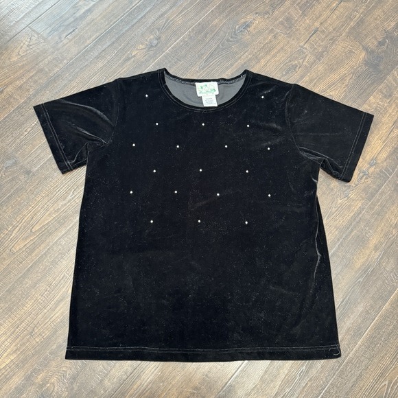 The Quaker Factory Tops - Quaker Factory Womens Blouse Velvet Black Rhinestone Stud Short Sleeve‎ Top Med